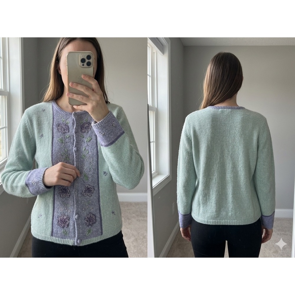 Napa Valley Petites Cardigan Sweater S Mint Green Purple Floral Cottagecore Knit